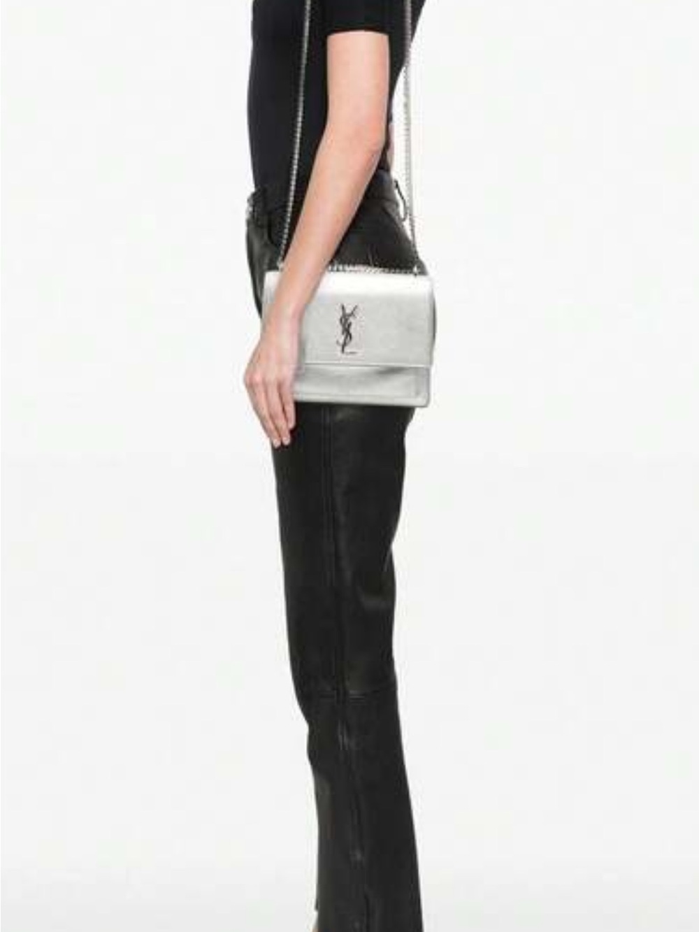 Saint Laurent Metallic Silver Monogram Chain Crossbody